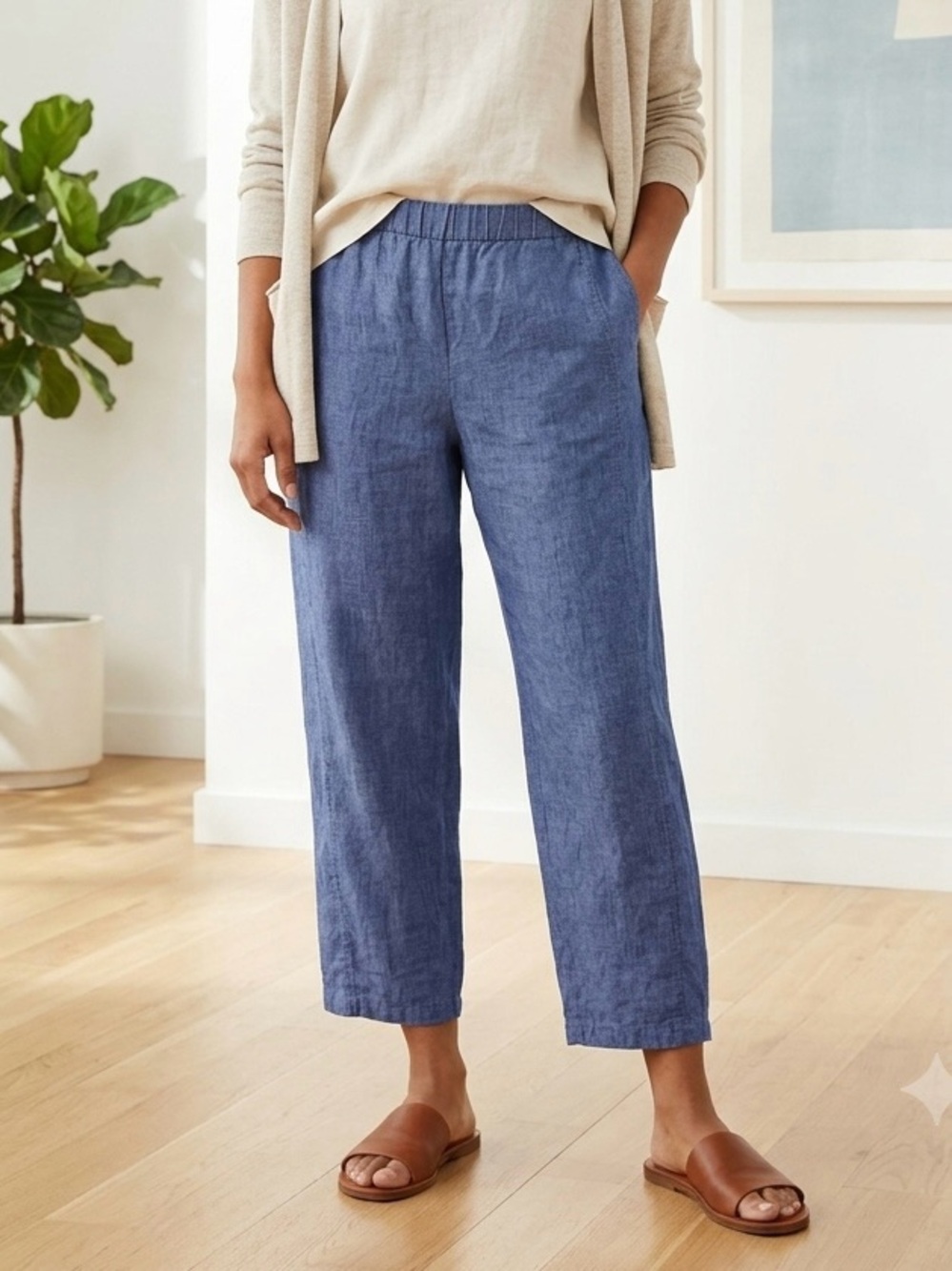 Eileen Fisher Blue 100% Organic Elastic Waist Ankle Pants Medium⁠